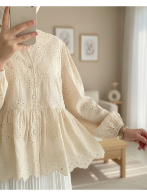 Kolu Lastikli Ajurlu Düğmeli Astarlı Gömlek -Bej