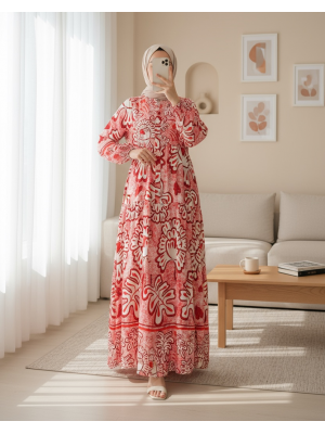 2423 Otantik Desenli Tesettür Elbise - N. Kırmızı