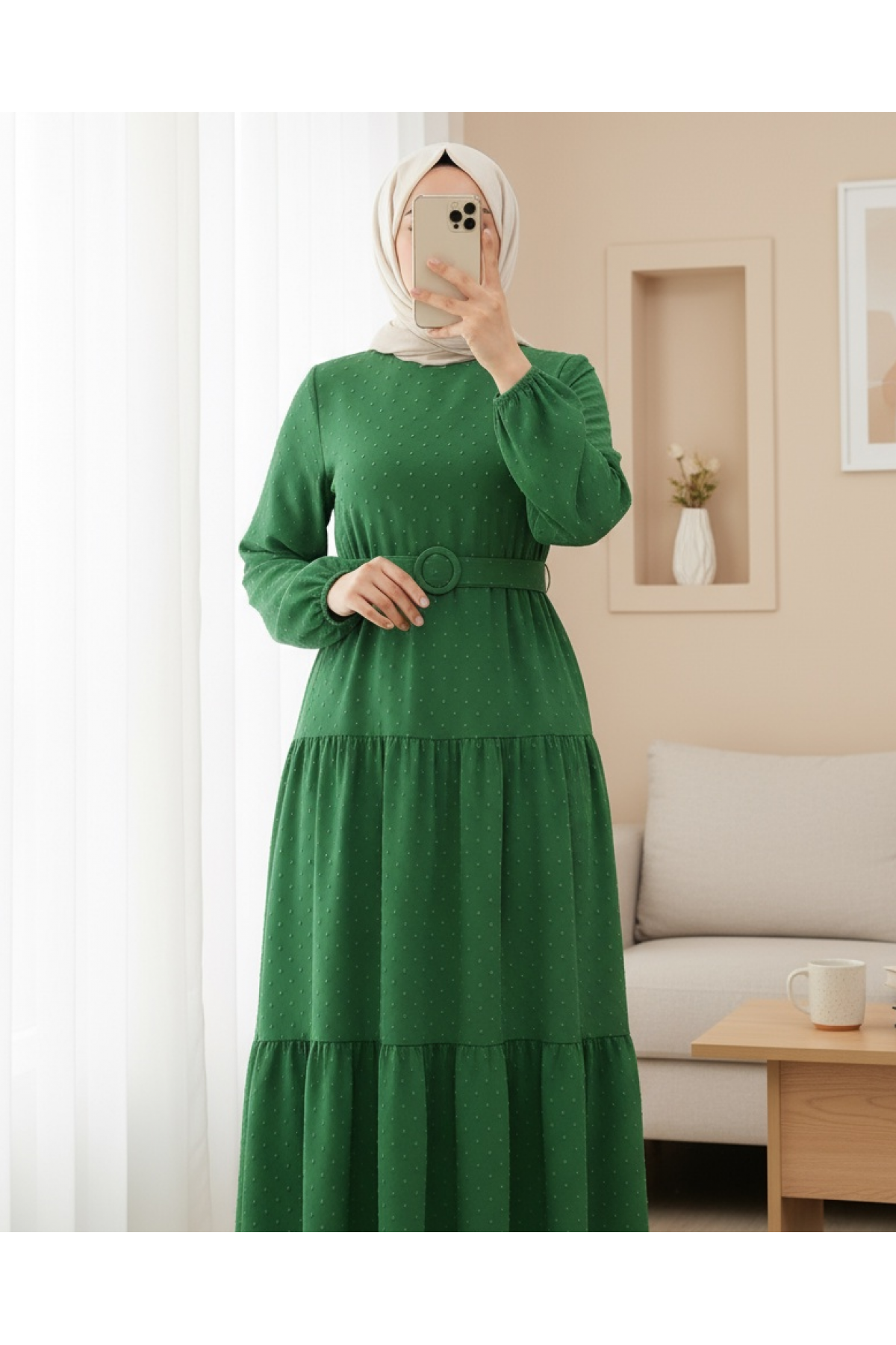 Belted Skirt Three Layer Dress -Green