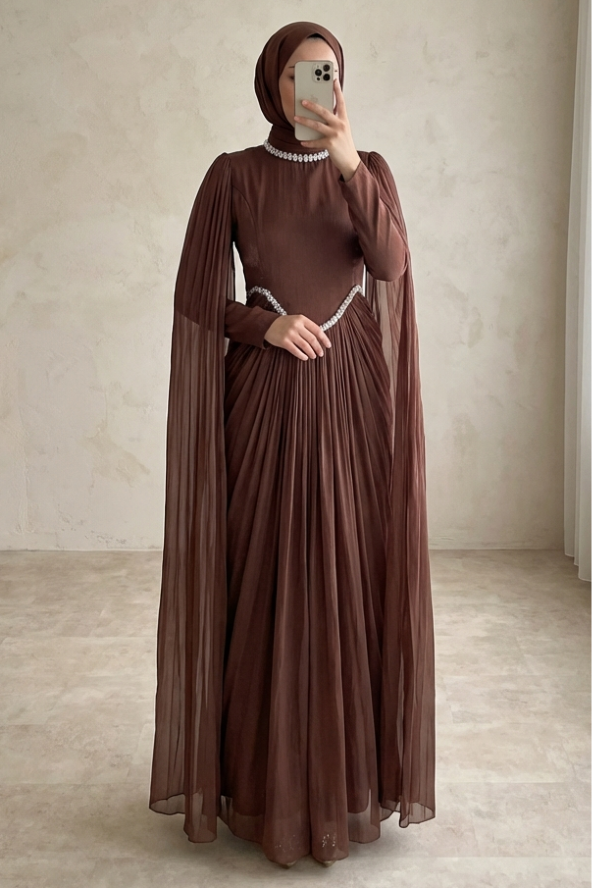 Janjan Evening Dress with Stoned Cape Detail on Collar and Waist -Dried rose