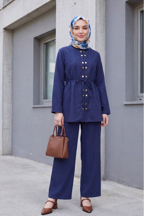 Modal Suit with Double Snap Button Detail, Round Neck, Wide Leg Trousers -Navy blue