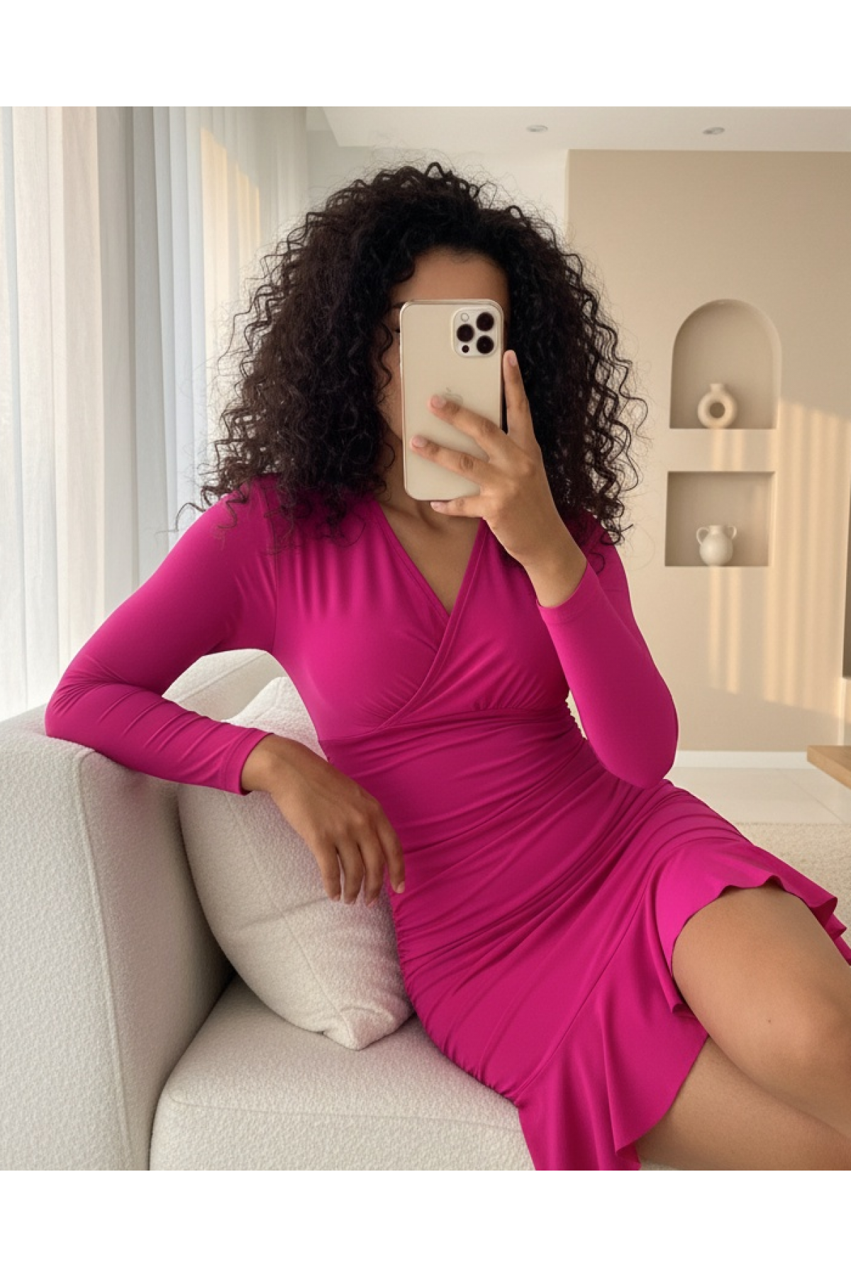 Sandy Mini Dress with Elastic Sides and Flounce Skirt -Fuchsia