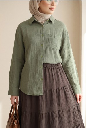 Tek Cepli Düğmeli Müslin Gömlek -Haki