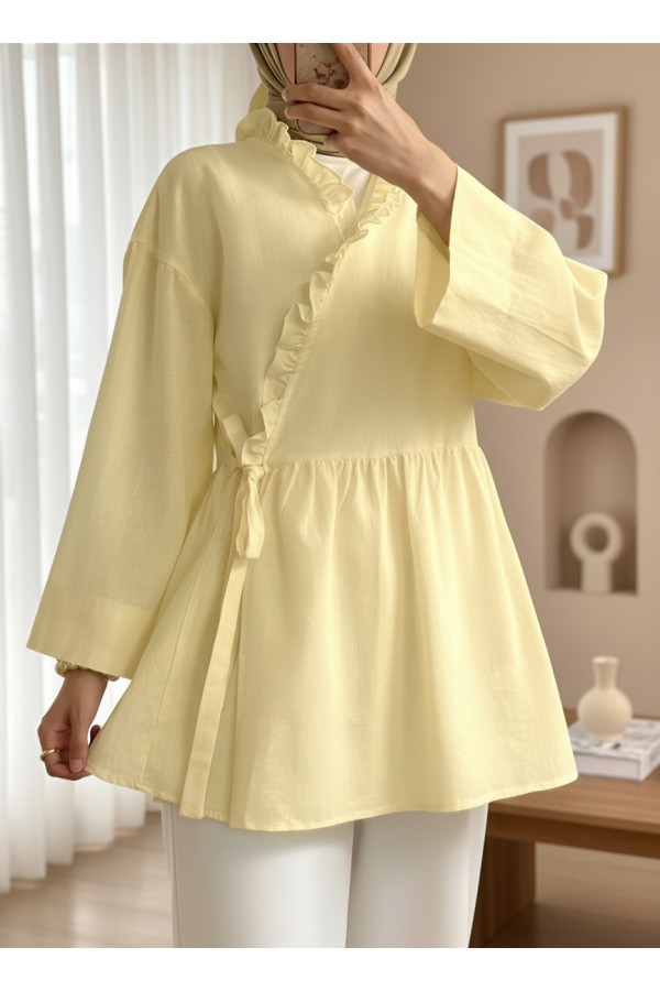 Linen Kimono with Side Tie and Ruffle Collar   -Light yellow