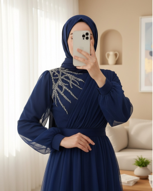 Önü Taş Detaylı Drapeli Kemerli Tül Abiye -Saks