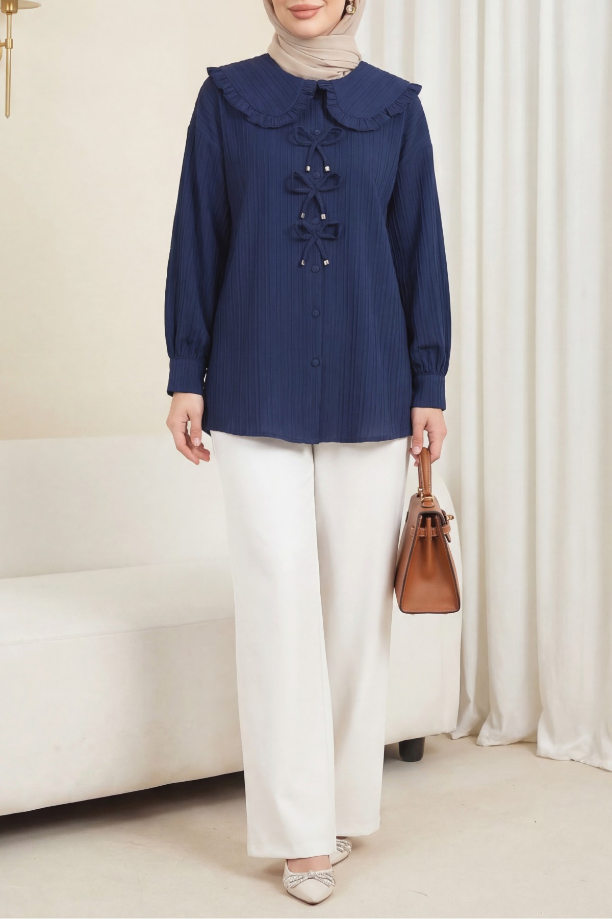 Buttoned Apron Collar Shirt with Ribbon Detail on the Front  -Navy blue