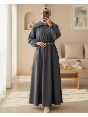 Boğazlı Yarım Fermuarlı Beli Büzgülü Kemerli Scuba Elbise  -Füme