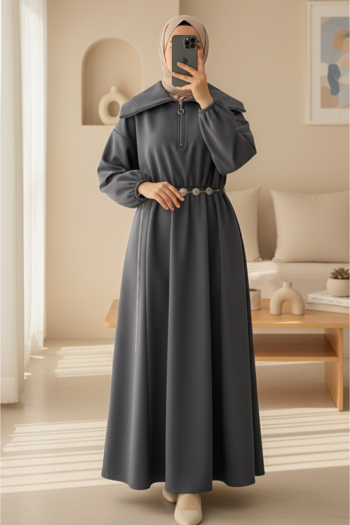 Turtleneck Half Zippered Scuba Dress with Gathered Waist and Belt  -Smoked 