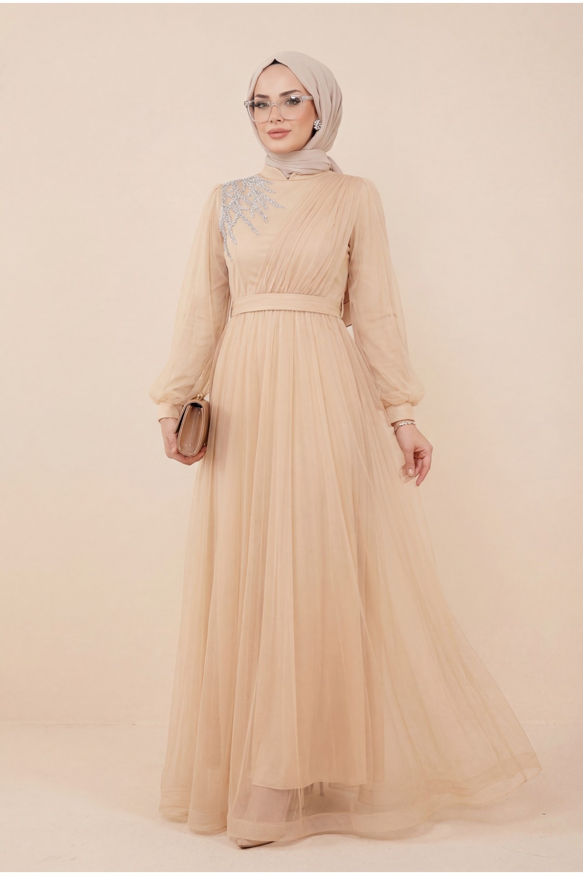 Stone Detailed Draped Belt Tulle Evening Dress    - Beige