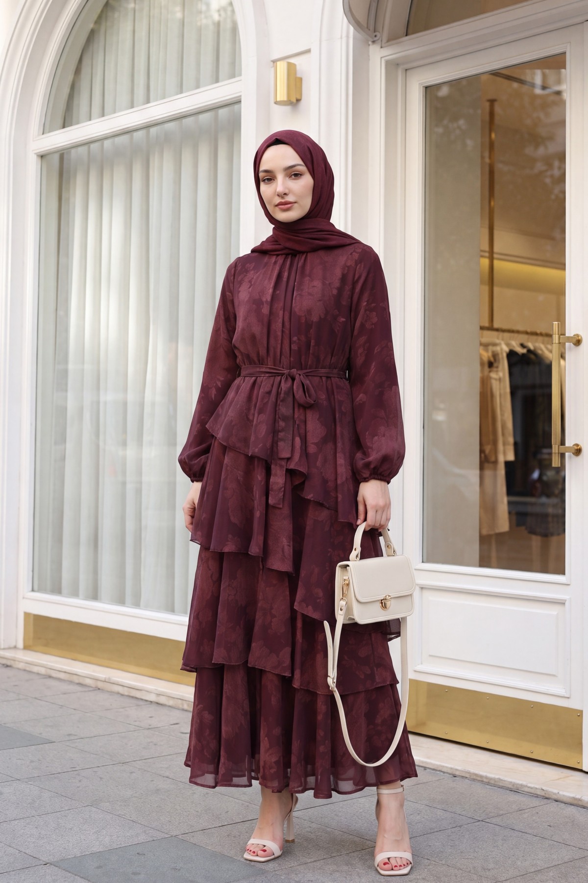 Yoryo Patterned Layered Skirt, Tie-Waist, Lined Chiffon Dress -Maroon