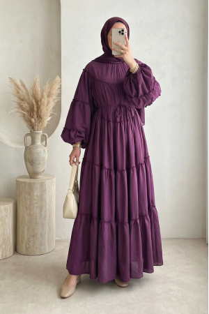 Layered ruffle detailed dress with elasticated sleeves and tie-waist. -Damson