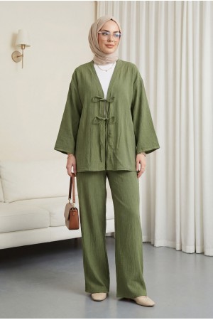 Önü Çift Bağcıklı Pantolonlu Krınkıl Takım    -Haki