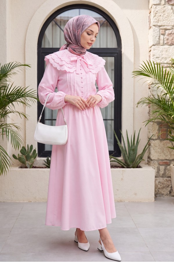Geniş Yakalı Bağlamalı Kolu Lastikli Eteği Astarlı Poplin Takım  -Pembe