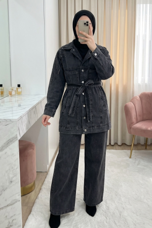 Cepli Önü Düğmeli Beli Kemerli Taşlı Kot Takım -Antrasit