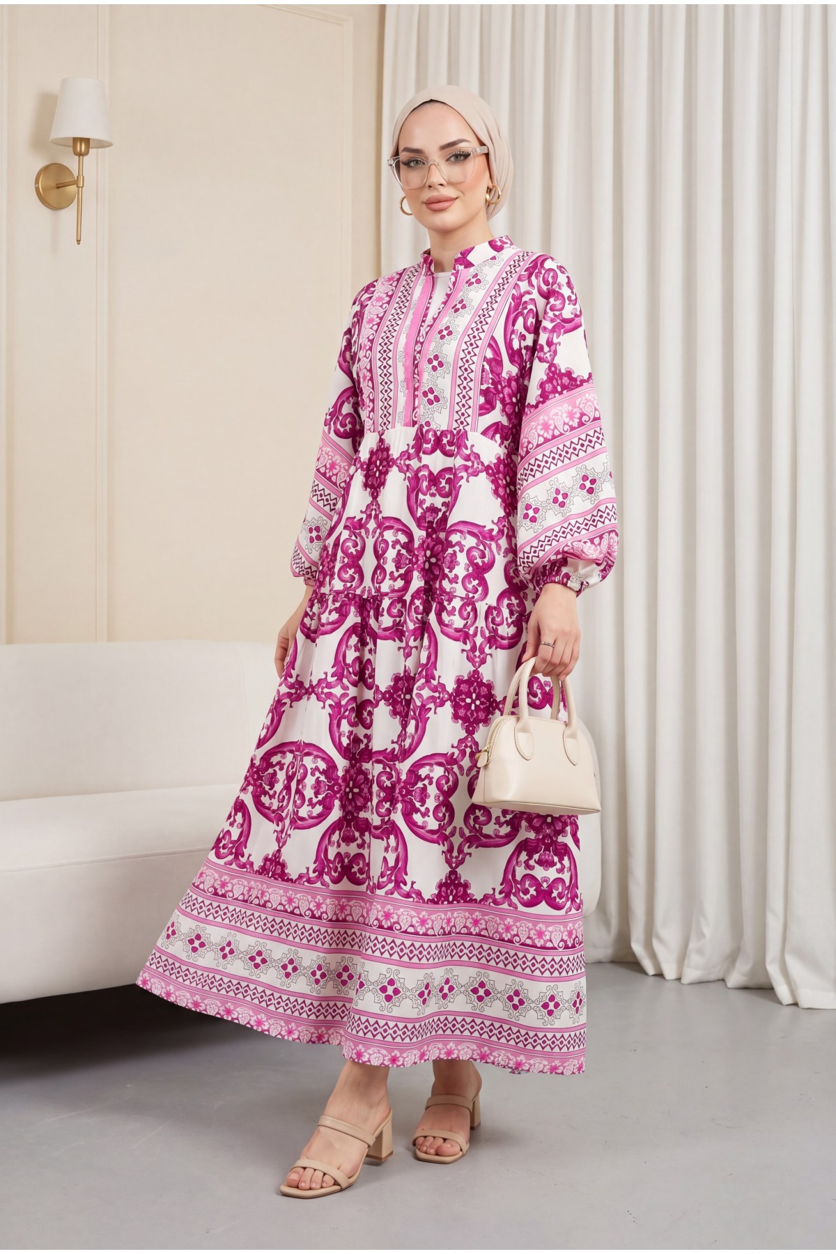 V-Neck Bat Sleeve Piece Viscose Dress -Fuchsia
