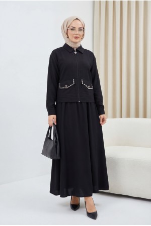 Fermuarlı Ceketli Beli Lastikli Etekli Keten Takım -Siyah