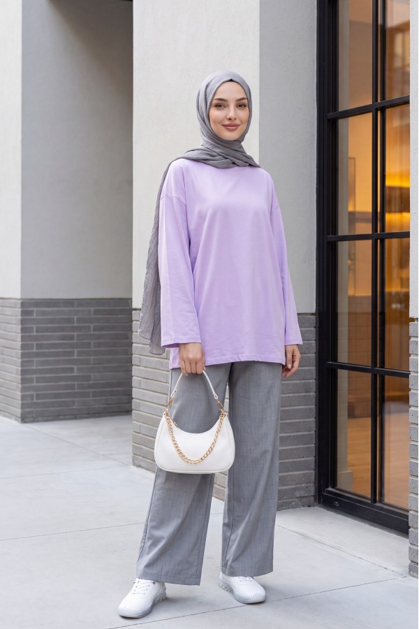 Round Neck Loose Fit Cotton Tunic    -Light Lilac