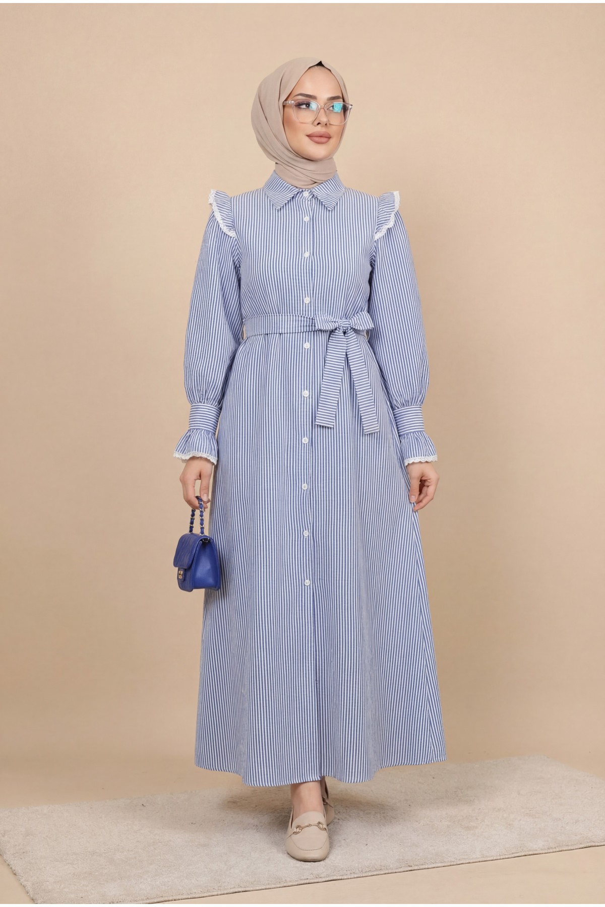 Buttoned Front Lace Detailed Belted Dress -İndigo