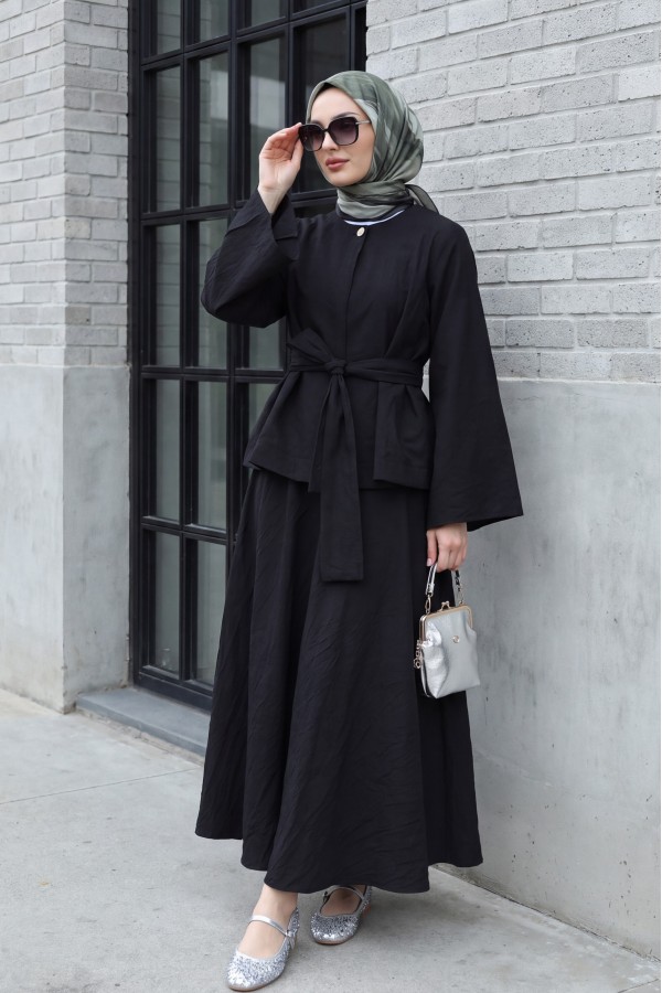 One-Button Belted Skirt Two-Piece Set -Black