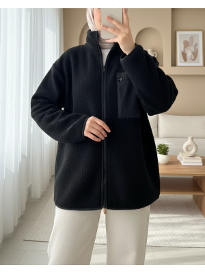 55446 Fermuarlı Oversize Peluş Ceket - Siyah