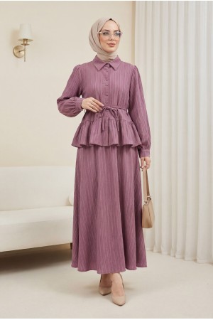 Eteği Fırfırlı Düğmeli Beli Bağcıklı Etekli Takım  -Vişne