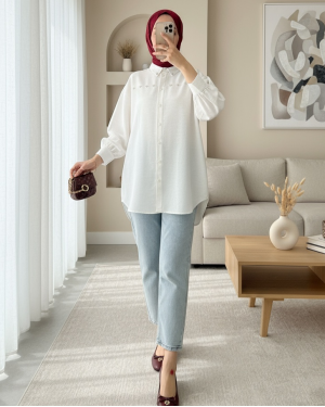 Taş ve İnci İşlemeli Keten Gömlek -Taş