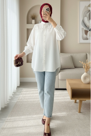 Taş ve İnci İşlemeli Keten Gömlek -Taş
