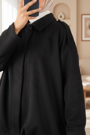 Lined Suede Jacket with Epaulettes on the Shoulders and Zipper on the Front -Black