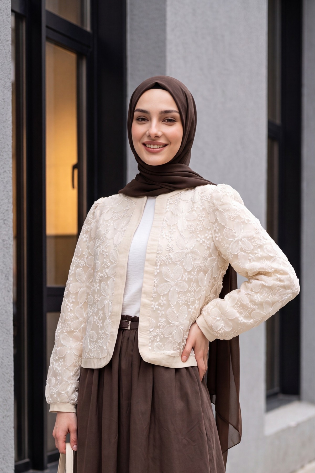Linen Jacket with Sequin and Tulle Flower Details -Cream color