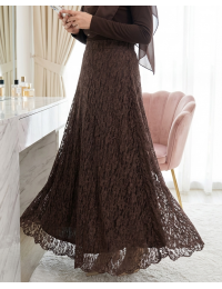 Desenli Astarlı Güpür Dantel Etek -Kahve