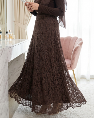 Patterned Lined Guipure Lace Skirt -Brown