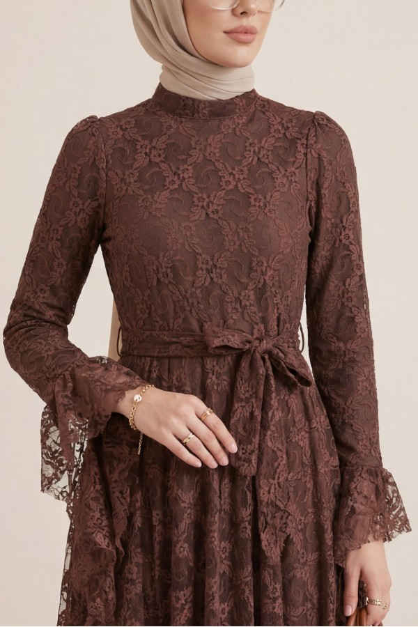 Floral Patterned Guipure Lace Dress with Ruffled Sleeves, Belt, and Lining -Brown