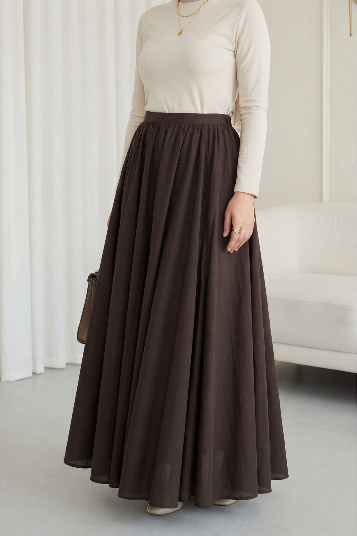 Lined, Zippered Summer Flared Linen Skirt -Brown