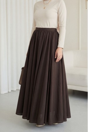 Fermuarlı Astarlı Yazlık Kloş Keten Etek -Kahve