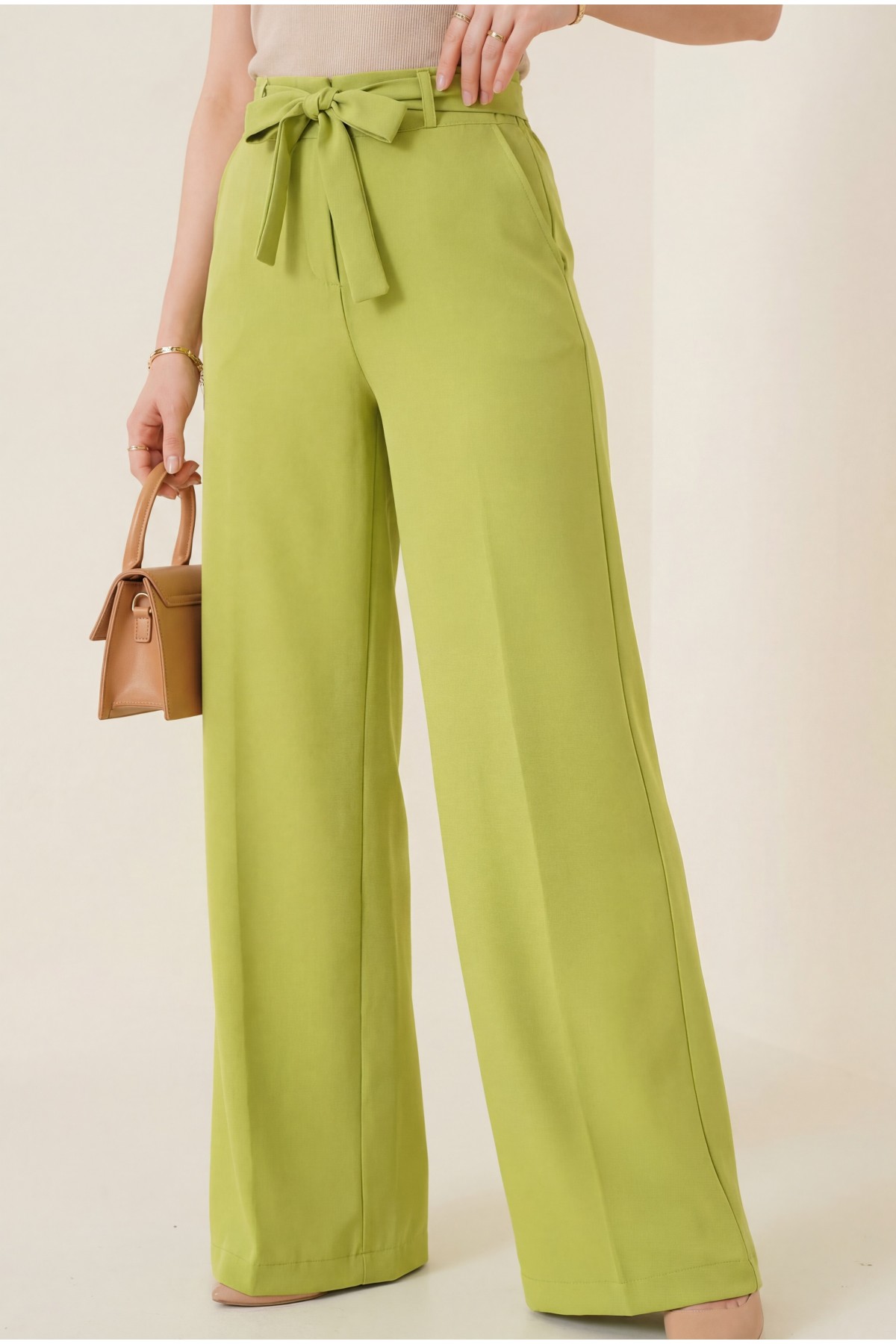 Tie Waist Double Wide Leg Trousers     -PISTACHIO GREEN