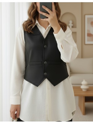 Cep Detaylı Düğmeli Scuba Yelek -Siyah