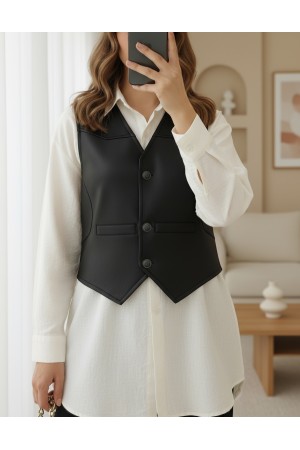 Cep Detaylı Düğmeli Scuba Yelek -Siyah
