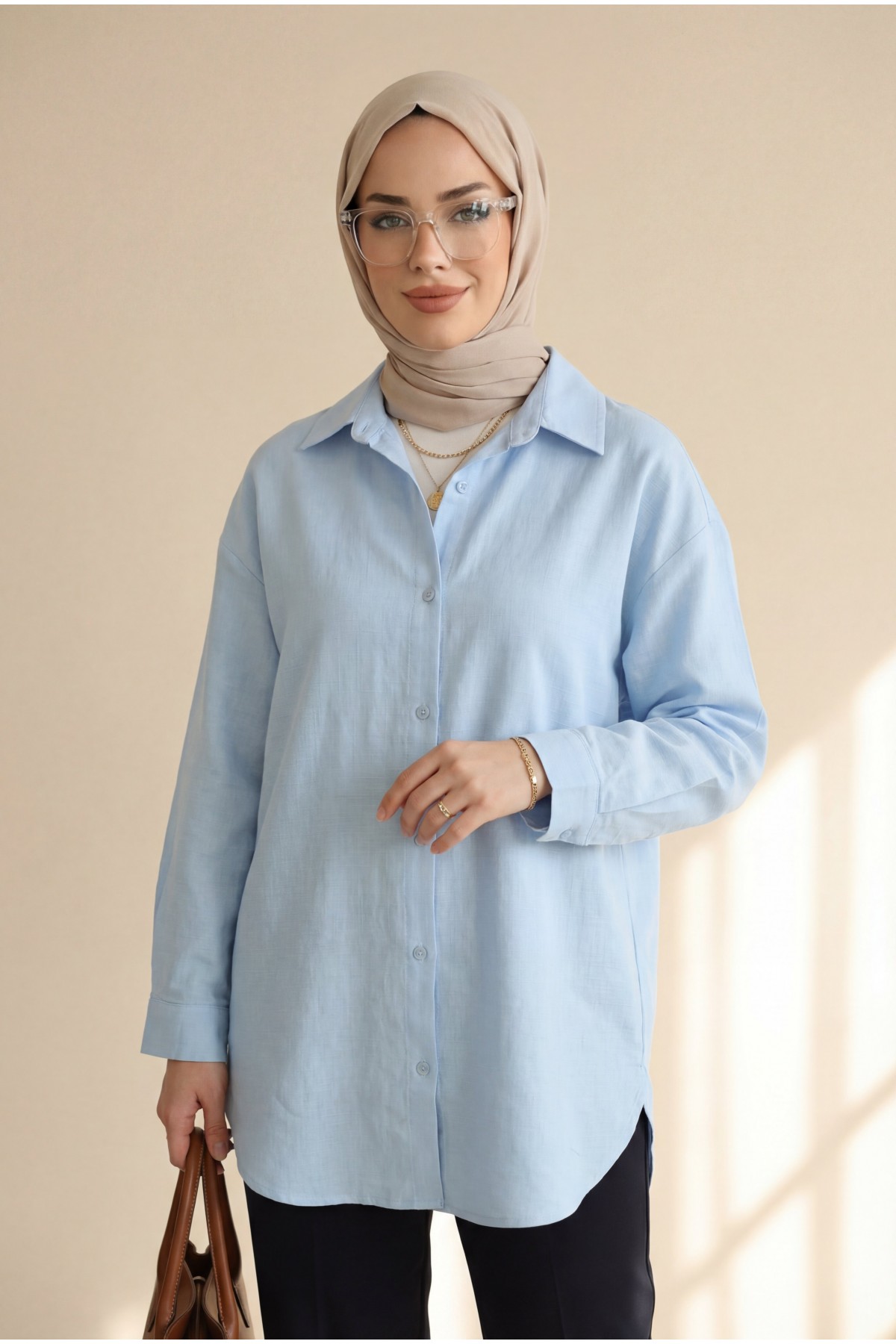 Buttoned Linen Shirt -Baby Blue