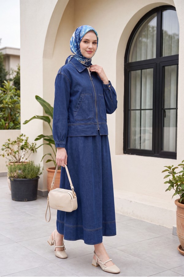 Front Zippered Double Pocket Skirted Denim Suit -İndigo