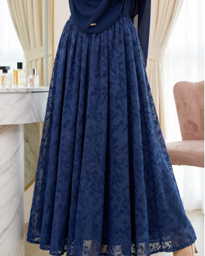Lined, Belted, Embossed Organza Skirt -Navy blue