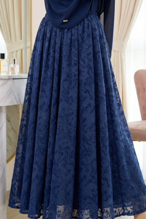 Lined, Belted, Embossed Organza Skirt -Navy blue