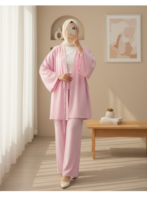 Önden Bağlamalı Pantolonlu Kimono Takım         -Pembe