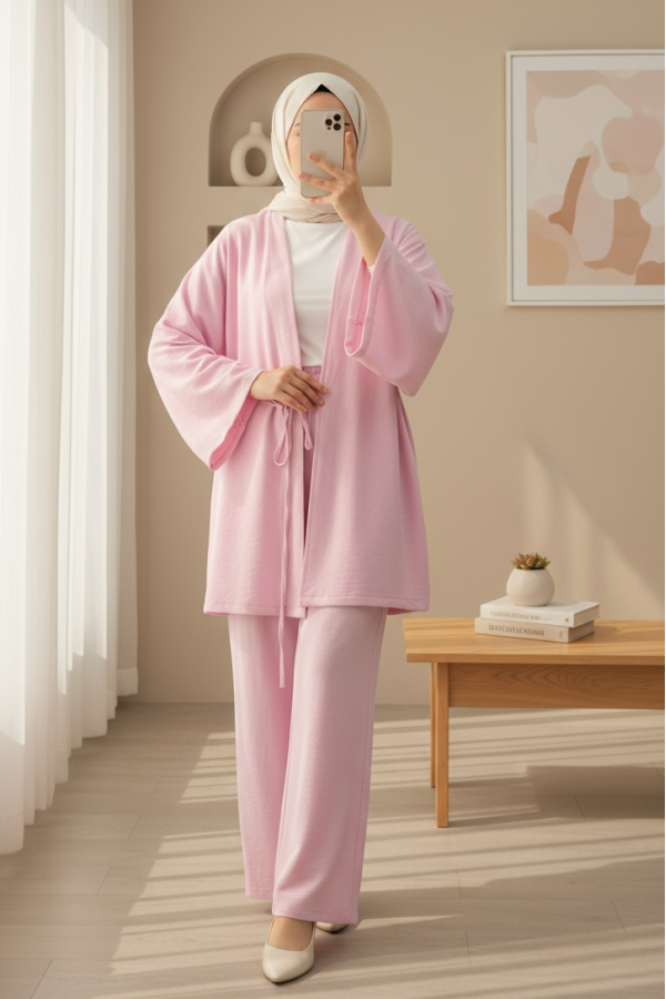 Önden Bağlamalı Pantolonlu Kimono Takım         -Pembe
