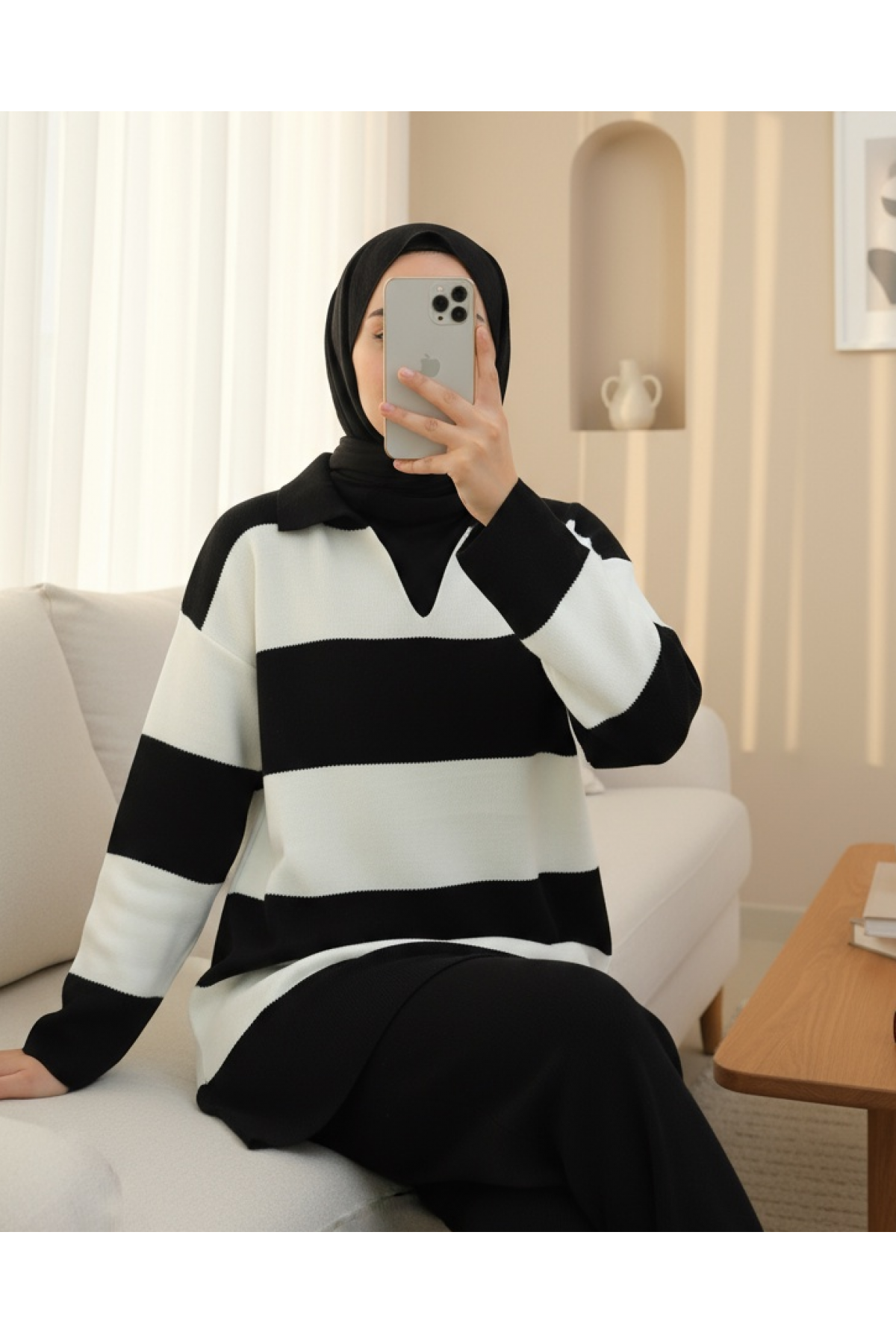 V Yaka Pantolonlu Triko Takım -Siyah