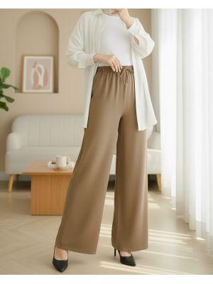 Beli Lastikli Bağcık Detaylı Bol Paça Sofya Keten Pantolon  -Tarçın