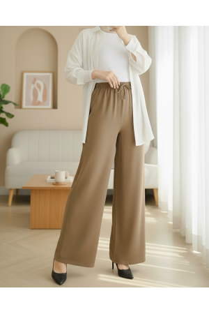 بنطلون صوفيا الكتاني واسع الساق مع تفاصيل دانتيل وخصر مطاطي  -قرفة