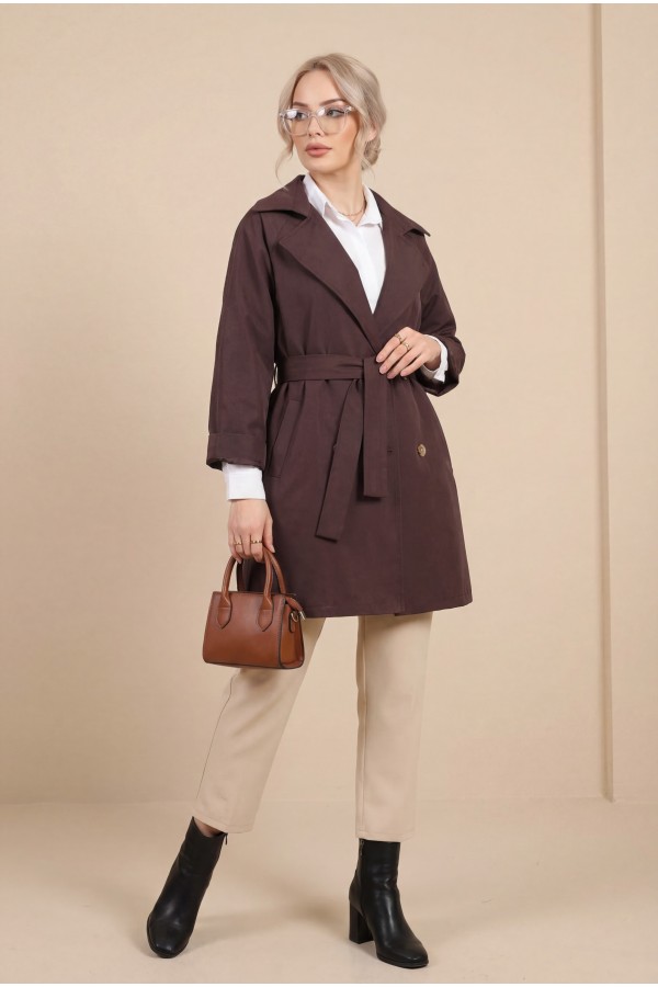 Bolero Detailed Buttoned Mid-length Trench Coat -Damson