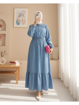 Omuzu İncili Beli Lastikli Parçalı Uzun Kot Elbise -Buz Mavi