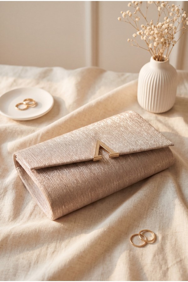 Geometric Buckle, Thin Chain, Glittery Evening Bag - Beige