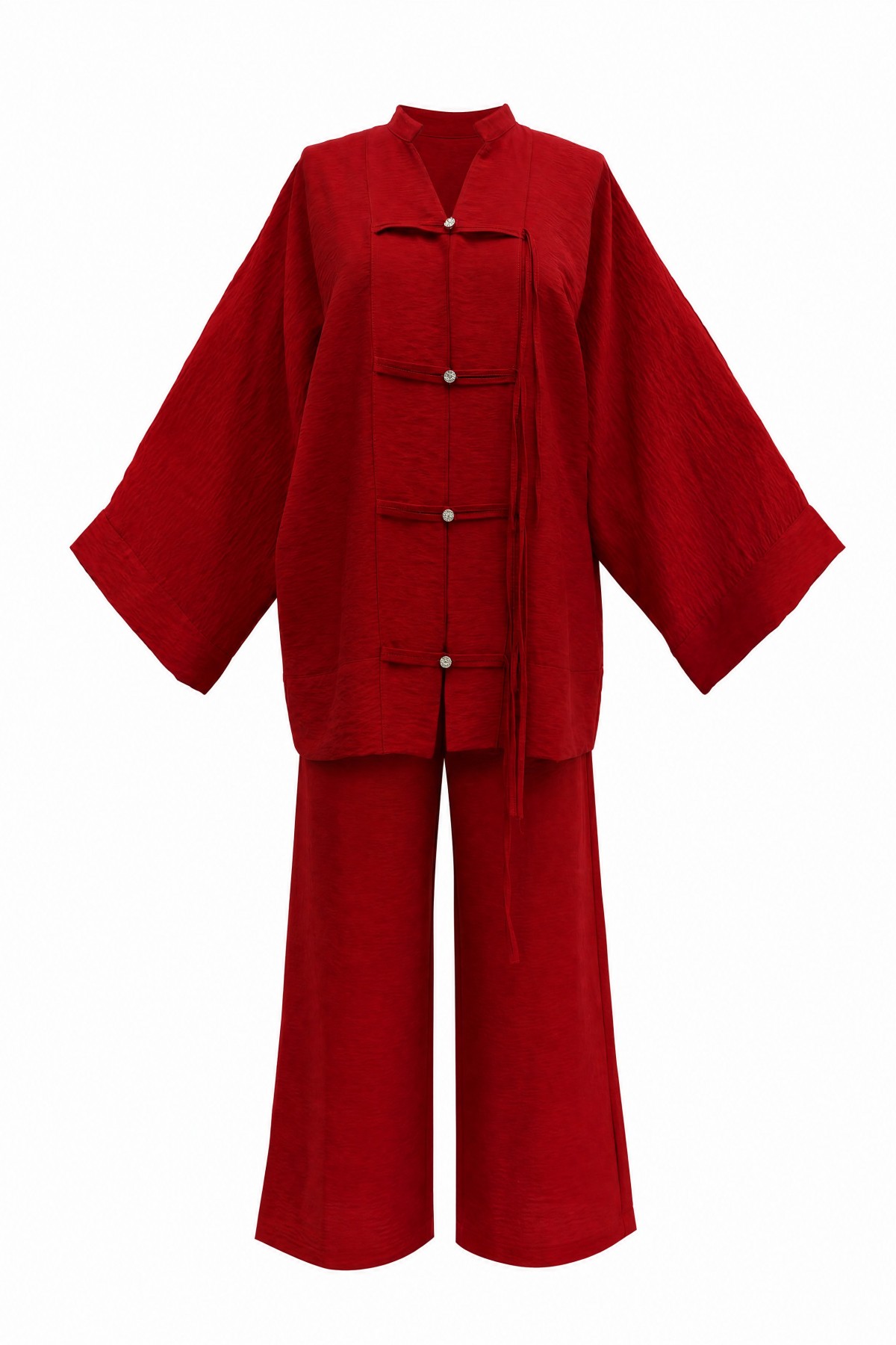 Loose-fitting Ayrobin suit with wide-sleeved trousers and button-down embellishments. -Red